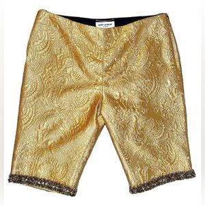 YSL Yves Saint Laurent Gold Silk Jacquard Beaded Shorts